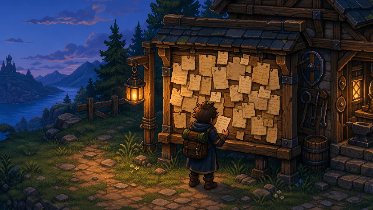 A pixel-art wanderer reading a notice board thick with pinned reports outside a lantern-lit workshop at dusk