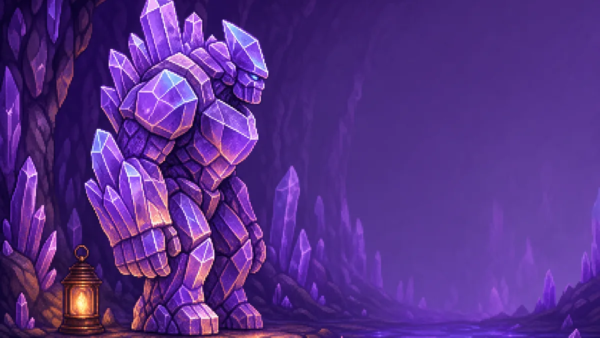 The Crystal Golem, a faceted violet mini-boss, standing intact in a crystal hollow