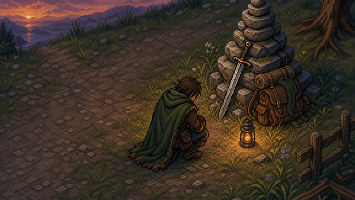 A wanderer kneeling at a roadside cairn beside a fallen adventurer's pack and sword at dusk