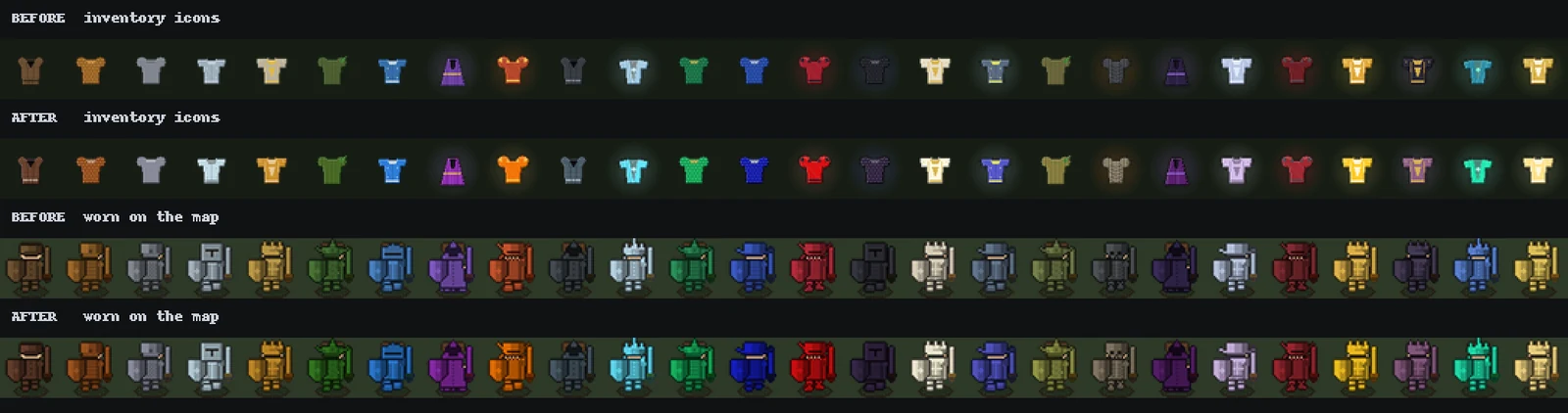 Before and after: the 26 gear tiers as inventory icons and as armour worn on the map, showing the colours pulled apart