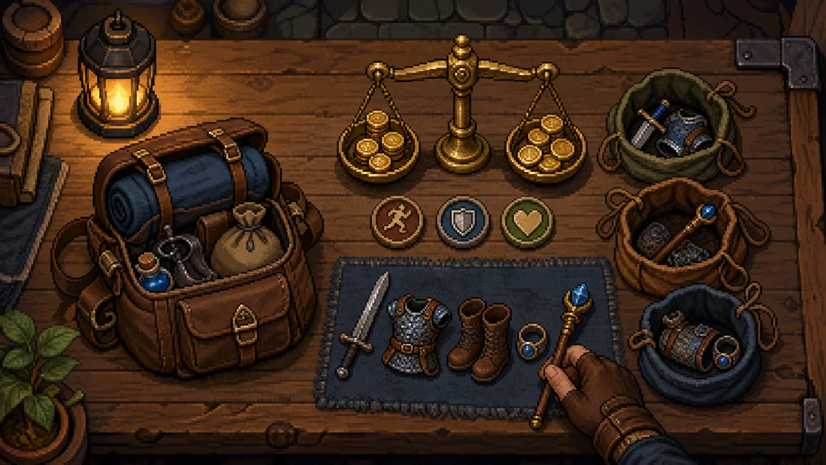 Pixel-art equipment, coins and progression tokens arranged around a balanced scale