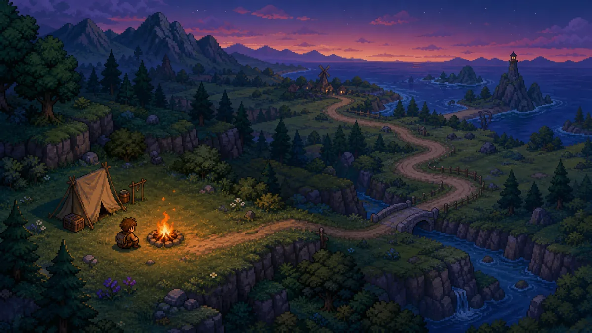 A pixel-art wanderer resting by the road at dusk