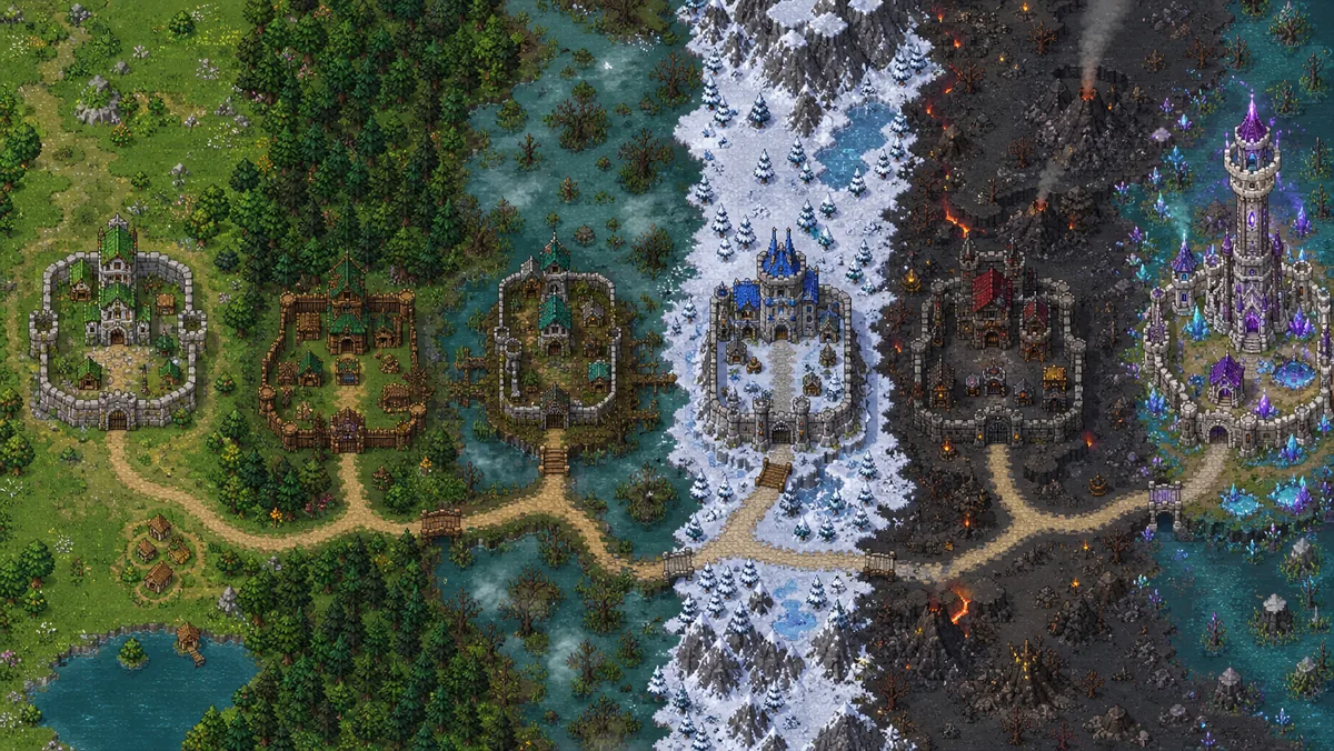 Six distinct pixel-art castles built for six Wanderer regions