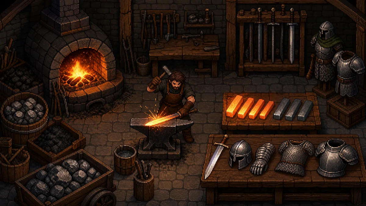 A pixel-art blacksmith forging steel at an anvil