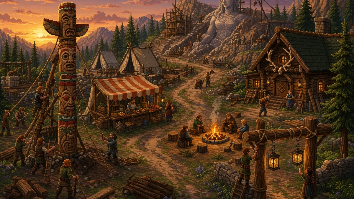 Pixel-art scene of a hamlet being rebuilt at dusk: villagers raising a carved totem pole beside a striped market stall, log seats around a bonfire, an antlered hunter's lodge, and a half-excavated statue in the hills behind