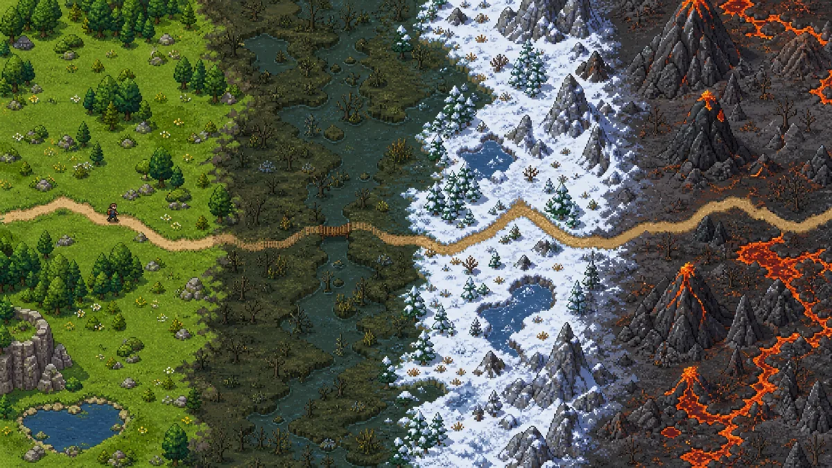 One continuous pixel-art road crossing meadow, marsh, snow and volcanic country
