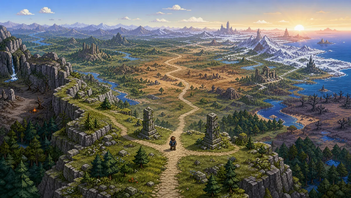 A pixel-art wanderer looking east across the newly expanded Long Road