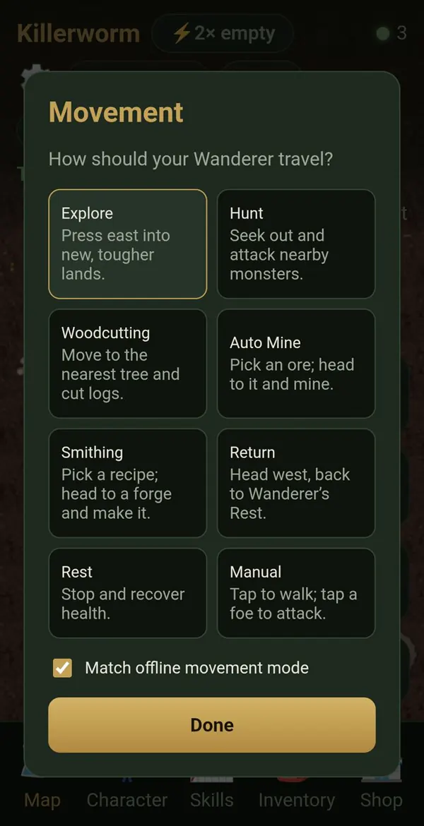 The Wanderer movement-mode selection screen
