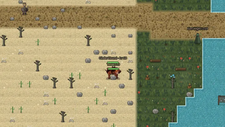 A Wanderer facing a creature in the Mire