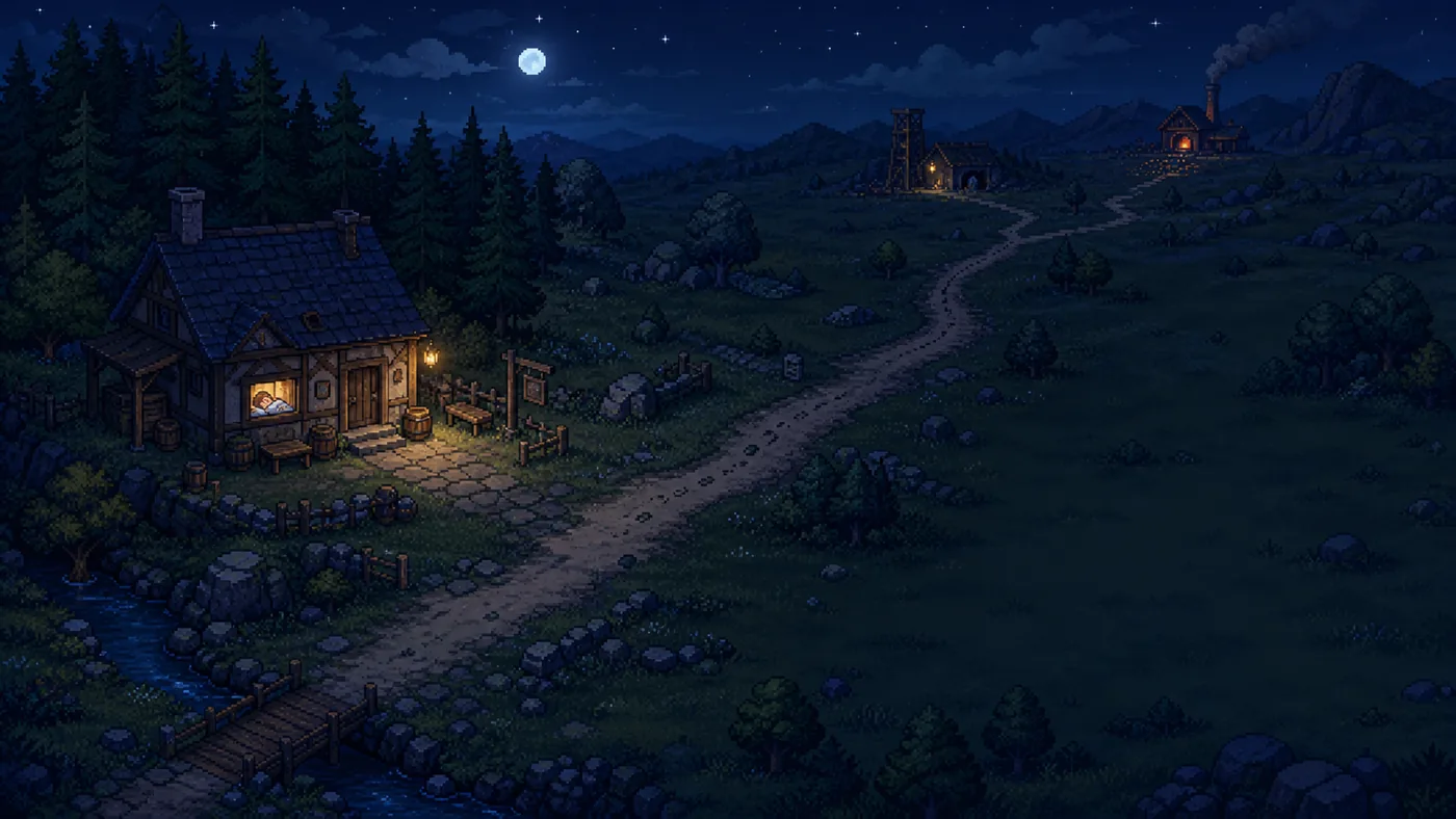 A quiet pixel-art inn beside the Long Road at night