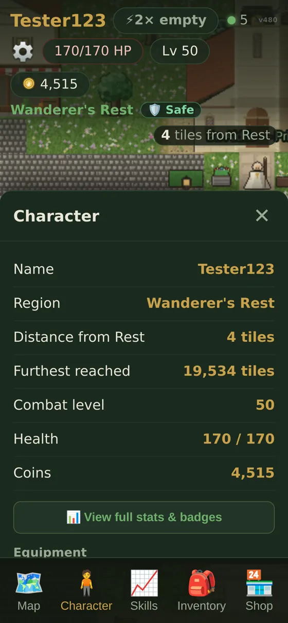 The Wanderer character and equipment screen