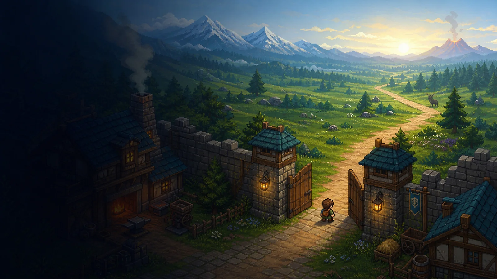 A pixel-art wanderer setting out through the open gate of Wanderer's Rest