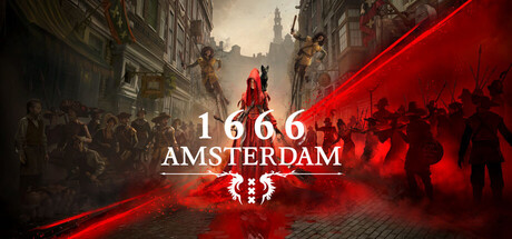 1666: Amsterdam key art showing a red-cloaked witch splitting a crowd of villagers with a beam of red light through an Amsterdam street