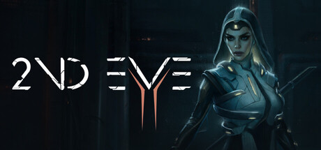 Key art showing a pale hooded woman in ornate white and gold armor beside the angular '2ND EVE' logo, against a dark starship-corridor background