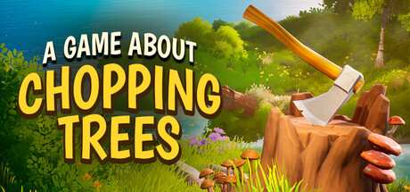 A Game About Chopping Trees key art showing an axe embedded in a tree stump beside a sunlit forest clearing