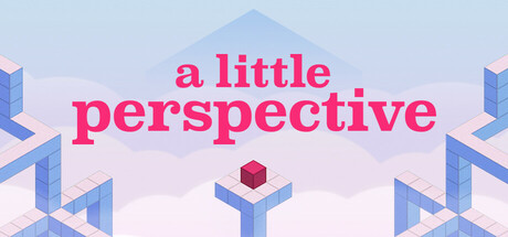The A Little Perspective logo in bold pink lettering over a pastel isometric cloudscape, with a small red cube balanced on a distant platform