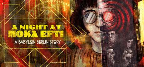 A Night at Moka Efti key art, half rendered as a sketched portrait of Gabriele and half as a red hypnotic spiral