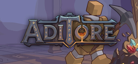 The Aditore logo in a stylised mining-themed font, with a boxy golem carrying a pickaxe standing beside a glowing ore vein in the background
