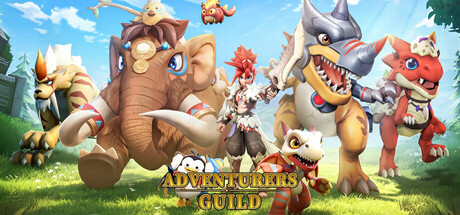 Adventurers Guild key art showing a warrior riding a mammoth alongside a tiger, a shark-headed dragon, and other creature companions