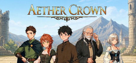 The Aether Crown logo above five anime-style fantasy characters, including a young dark-haired boy, a redheaded woman, and an older bearded man, standing in front of a castle and mountains