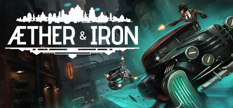 Key art for Aether & Iron showing Gia Randazzo firing a pistol from a flying car above a decopunk skyline