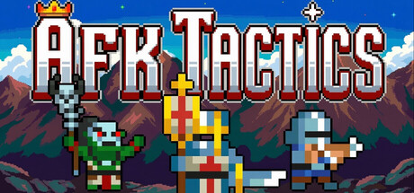 AFK Tactics pixel-art logo with a goblin, a crusader, and a viking-style hero flanking the title