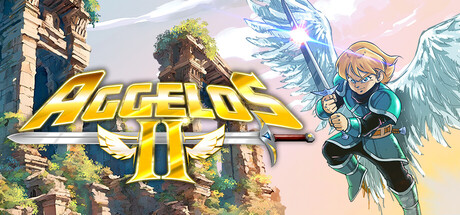 Key art for Aggelos 2 showing the winged hero in green and blue armor holding a glowing sword beside ancient ruins, with the game's gold logo in the foreground