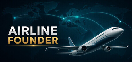 Airline Founder key art showing a jet airliner over a dark world map with glowing route lines