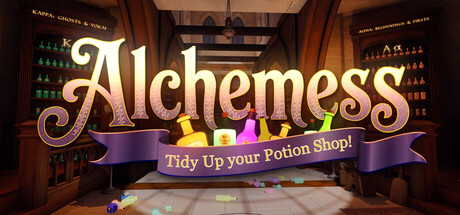 Logo art for Alchemess: Tidy Up Your Potion Shop! over a cluttered shop floor scattered with fallen bottles
