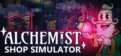 Alchemist Shop Simulator key art showing a wigged shopkeeper holding a glowing potion in front of stocked shelves