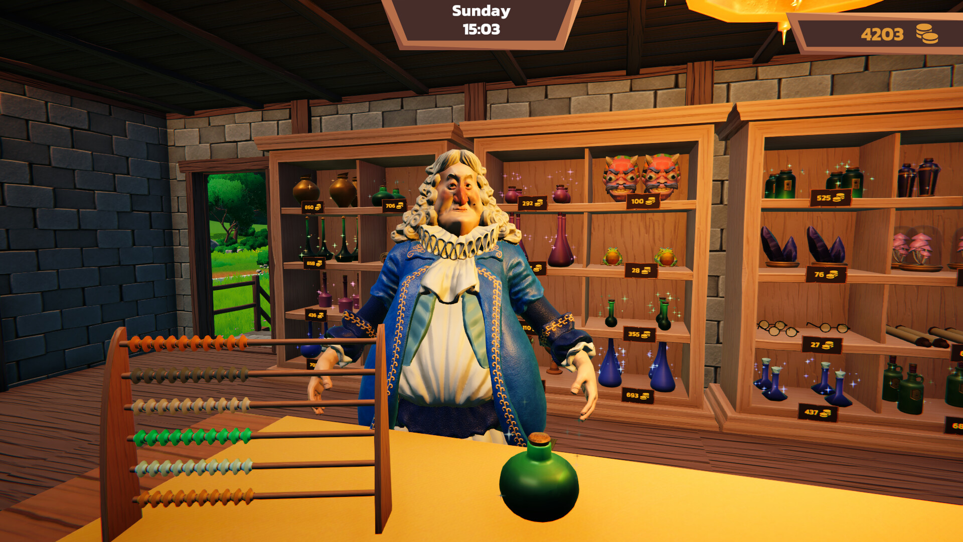 A customer at the shop counter beside an abacus cash register and shelves stocked with priced potions and curios