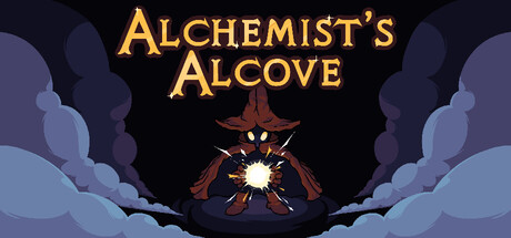 Alchemist's Alcove logo art with a hooded wizard conjuring fire between wreaths of smoke