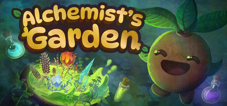 Title-card key art for Alchemist's Garden, showing the shop's peach mascot beside a glowing potion cauldron