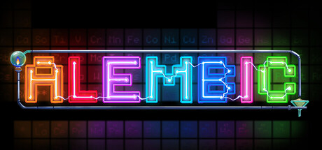 Alembic key art showing the game's title spelled out in colorful neon tubing over a faded periodic table background