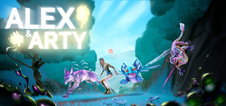 Stylized key art of Alex running with a wolf-like creature and Arty in a glowing alien forest