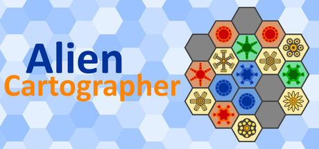 Alien Cartographer logo over a hexagonal grid of houses, gold mines, and power cores