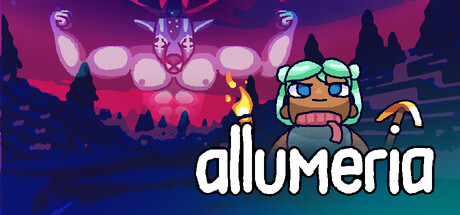 Allumeria key art: a blocky character holding a torch and pickaxe beneath a large winged voxel creature at dusk