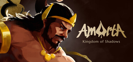Close-up painted key art of Bima in gold headdress and jewellery beside the Amarta - Kingdom of Shadows logo