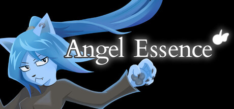 Header art for Angel Essence showing a cat-eared blue-haired character holding a glowing paw-shaped charm against a black background, next to the game's logo