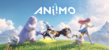 Key art for Aniimo, showing the player character running through a field alongside four Aniimo creatures beneath the game's logo
