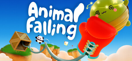 Animal Falling key art showing the bubbly logo beside a round cream-colored animal character punching a boxing glove trap toward a small panda on a floating wooden platform