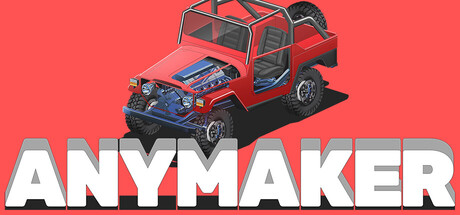 A player-built red open-top buggy with roll cage and mounted engine beside the Anymaker logo