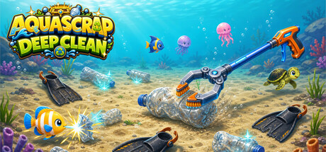 Aqua Scrap: Deep Clean key art showing a robotic claw scrubbing a plastic bottle on the seabed, surrounded by cartoon fish and flippers