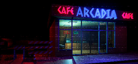 The neon-lit exterior of Cafe Arcadia at night under a VHS-style visual filter