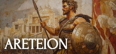 Painted key art for Areteion showing a Greek warrior with spear and shield before an ancient city