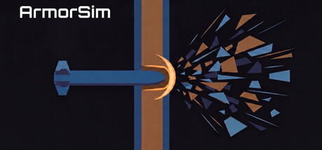 Stylized ArmorSim key art of a projectile punching through an armor plate in a spray of fragments