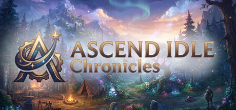 The Ascend Idle Chronicles logo over painted fantasy key art showing a mountain village, a campfire, and a distant traveller under an aurora sky