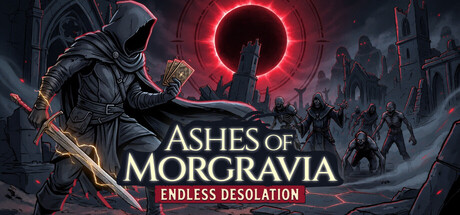 Ashes of Morgravia key art: a hooded Godwoken holding cards and a sword before a red eclipse and a crumbling cathedral
