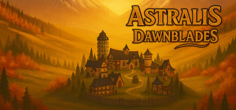 The Astralis Dawnblades logo over painted key art of a mountain village with a tall stone guild tower at sunset