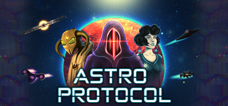 Astro Protocol key art showing three alien faction leaders in front of a glowing red planet